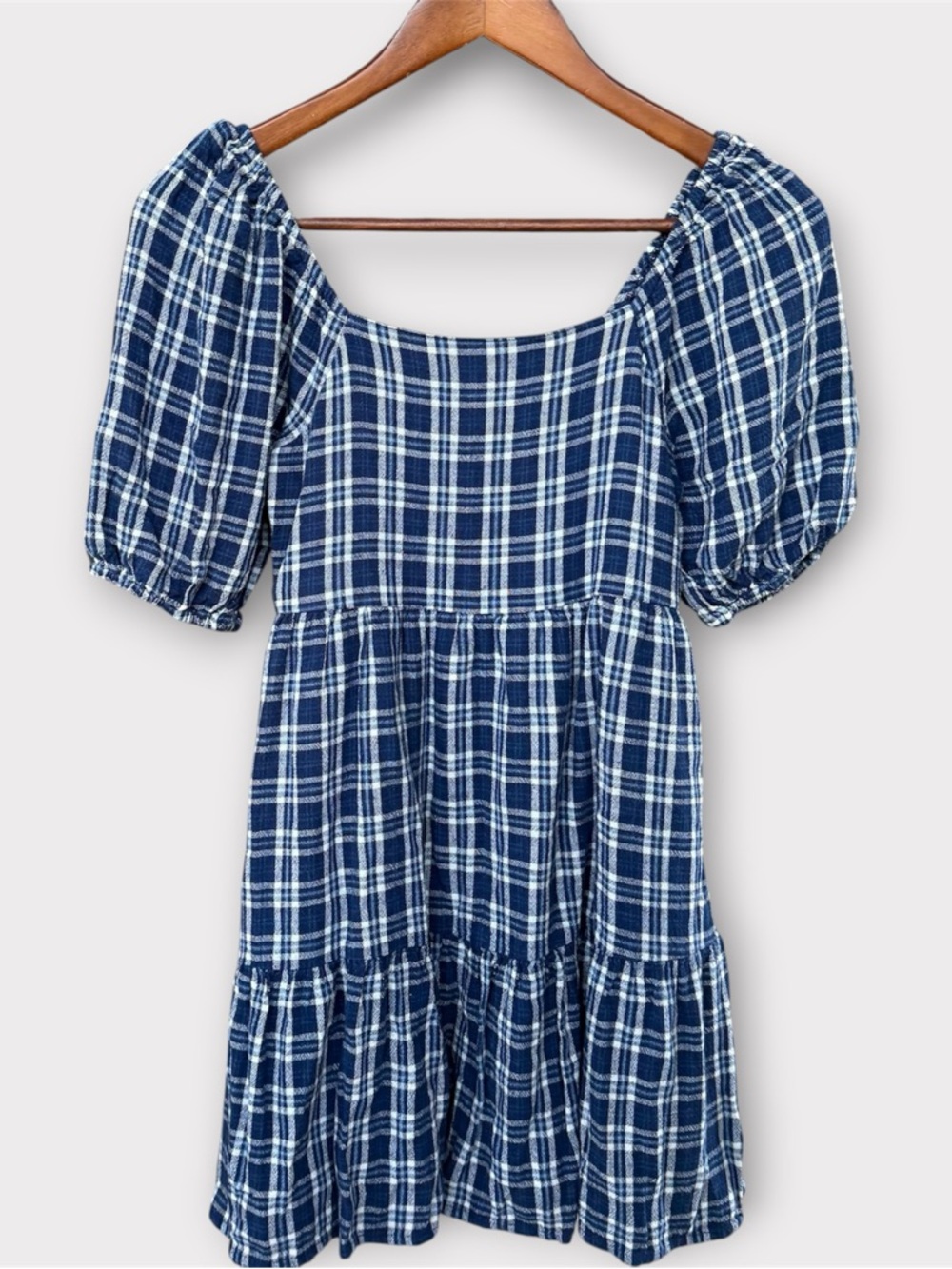 American Eagle Navy Blue Plaid Puff Sleeve Babydoll Cottagecore Mini Dress